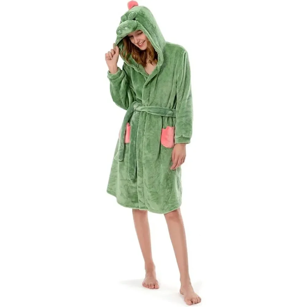 olaola women hooded plush robe – soft green dinosaur animal bathrobe